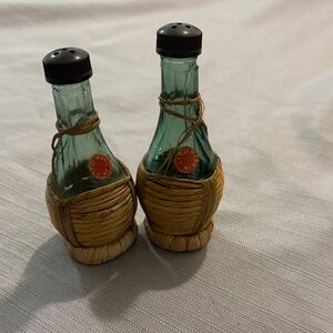 Vintage Glass Bottles with Wicker Wrap salt and pepper shakers